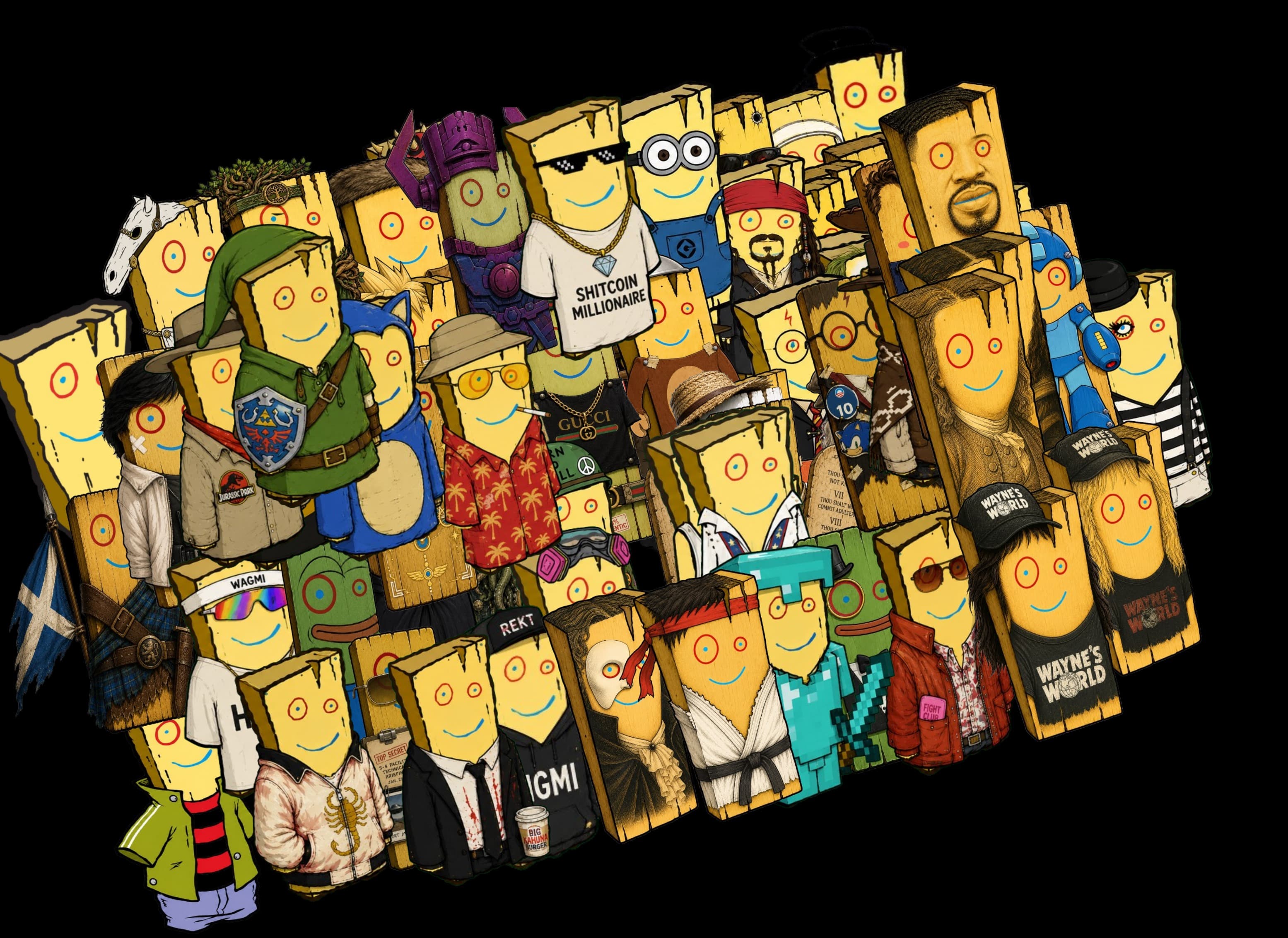 RobinWood Plank mascot dressed as dozens of meme and pop-culture characters